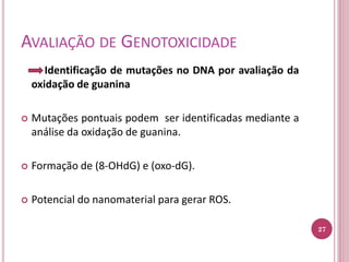 AVALIAÇÃO DE GENOTOXICIDADE
Identificação de mutações no DNA por avaliação da
oxidação de guanina
 Mutações pontuais podem ser identificadas mediante a
análise da oxidação de guanina.
 Formação de (8-OHdG) e (oxo-dG).
 Potencial do nanomaterial para gerar ROS.
27
 