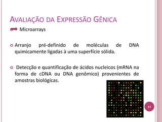 AVALIAÇÃO DA EXPRESSÃO GÊNICA
 Microarrays
 Arranjo pré-definido de moléculas de DNA
quimicamente ligadas à uma superfície sólida.
 Detecção e quantificação de ácidos nucleicos (mRNA na
forma de cDNA ou DNA genômico) provenientes de
amostras biológicas.
41
 