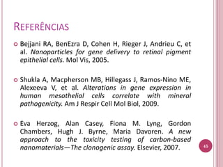 REFERÊNCIAS
 Bejjani RA, BenEzra D, Cohen H, Rieger J, Andrieu C, et
al. Nanoparticles for gene delivery to retinal pigment
epithelial cells. Mol Vis, 2005.
 Shukla A, Macpherson MB, Hillegass J, Ramos-Nino ME,
Alexeeva V, et al. Alterations in gene expression in
human mesothelial cells correlate with mineral
pathogenicity. Am J Respir Cell Mol Biol, 2009.
 Eva Herzog, Alan Casey, Fiona M. Lyng, Gordon
Chambers, Hugh J. Byrne, Maria Davoren. A new
approach to the toxicity testing of carbon-based
nanomaterials—The clonogenic assay. Elsevier, 2007. 45
 