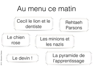 2015-SébastienStasse
Au menu ce matin
Cecil le lion et le
dentiste
Rehtaeh
Parsons
Les minions et
les nazis
La pyramide de
l’apprentissage
Le devin !
Le chien
rose
 
