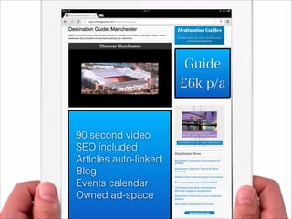 Guide
£6k p/a
90 second video
SEO included
Articles auto-linked
Blog
Events calendar
Owned ad-space
 