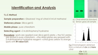 Identification and Analysis
T.L.C Method
Sample preparation – Dissolved 1mg of citral in1ml of methanol
Stationary phase- ...