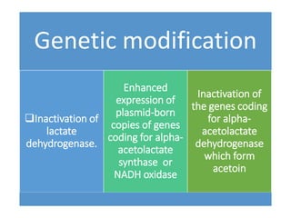 Genetic modification
Inactivation of
lactate
dehydrogenase.
Enhanced
expression of
plasmid-born
copies of genes
coding for alpha-
acetolactate
synthase or
NADH oxidase
Inactivation of
the genes coding
for alpha-
acetolactate
dehydrogenase
which form
acetoin
 