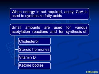 When energy is not required, acetyl CoA is
used to synthesize fatty acids
Small amounts are used for various
acetylation reactions and for synthesis of:
Cholesterol
Steroid hormones
Vitamin D
Ketone bodies
EMB-RCG
 