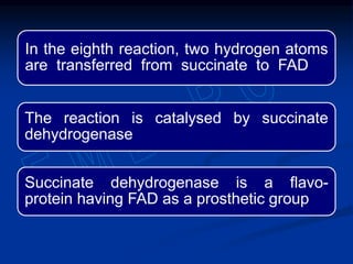 In the eighth reaction, two hydrogen atoms
are transferred from succinate to FAD
The reaction is catalysed by succinate
dehydrogenase
Succinate dehydrogenase is a flavo-
protein having FAD as a prosthetic group
 
