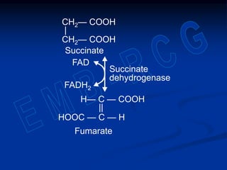 Succinate
dehydrogenase
H— C — COOH
||
HOOC — C — H
CH2— COOH
|
CH2— COOH
FADH2
Succinate
FAD
Fumarate
 