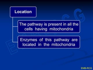 Location
The pathway is present in all the
cells having mitochondria
Enzymes of this pathway are
located in the mitochondria
EMB-RCG
 