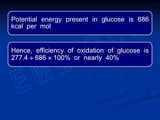 Potential energy present in glucose is 686
kcal per mol
Hence, efficiency of oxidation of glucose is
277.4  686  100% or nearly 40%
 