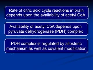 Rate of citric acid cycle reactions in brain
depends upon the availability of acetyl CoA
PDH complex is regulated by allosteric
mechanism as well as covalent modification
Availability of acetyl CoA depends upon
pyruvate dehydrogenase (PDH) complex
 