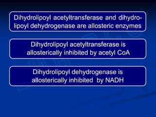 Dihydrolipoyl acetyltransferase and dihydro-
lipoyl dehydrogenase are allosteric enzymes
Dihydrolipoyl dehydrogenase is
allosterically inhibited by NADH
Dihydrolipoyl acetyltransferase is
allosterically inhibited by acetyl CoA
 