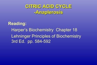 CITRIC ACID CYCLECITRIC ACID CYCLE
-Anaplerosis-Anaplerosis
Reading:
Harper’s Biochemistry Chapter 18
Lehninger Principles of Biochemistry
3rd Ed. pp. 584-592
 
