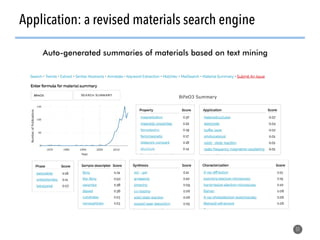 51
Application: a revised materials search engine
Auto-generated summaries of materials based on text mining
 