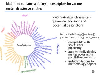 >40 featurizer classes can
generate thousands of
potential descriptors
43
Matminer contains a library of descriptors for v...