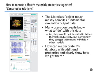 53
•  The Materials Project today
mostly compiles fundamental
simulation output data
•  Many users don’t really know
what ...