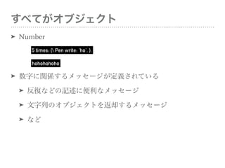 ٤Ƥ֥
? Number
? ֤vSå`xƤ
? ͤʤɤӛ˱ʥå`
? ФΥ֥Ȥȴå`
? ʤ
5 times: { Pen write: 'ho'. }.
hohohohoho
 