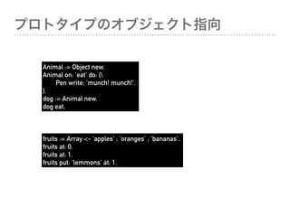 ץȥפΥָ֥
Animal := Object new.
Animal on: 'eat' do: {
Pen write: 'munch! munch!'.
}.
dog := Animal new.
dog eat.
fruits := Array <- 'apples' ; 'oranges' ; 'bananas'.
fruits at: 0.
fruits at: 1.
fruits put: lemmons' at: 1.
 