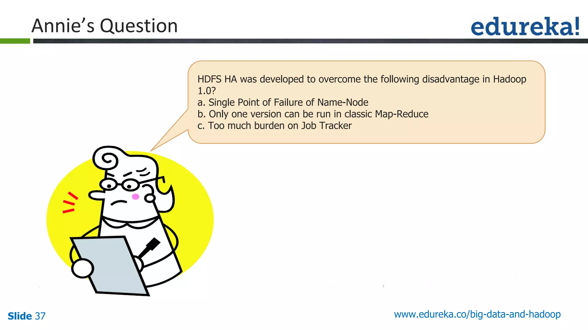 Slide 37 www.edureka.co/big-data-and-hadoop
HDFS HA was developed to overcome the following disadvantage in Hadoop
1.0?
a. Single Point of Failure of Name-Node
b. Only one version can be run in classic Map-Reduce
c. Too much burden on Job Tracker
 