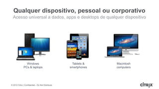 Qualquer dispositivo, pessoal ou corporativo
  Acesso universal a dados, apps e desktops de qualquer dispositivo




                Windows                             Tablets &    Macintosh
              PCs & laptops                        smartphones   computers




© 2012 Citrix | Confidential – Do Not Distribute
 