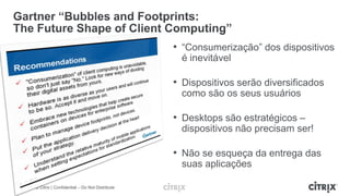 • “Consumerização” dos dispositivos
                                                     é inevitável

                                                   • Dispositivos serão diversificados
                                                     como são os seus usuários

                                                   • Desktops são estratégicos –
                                                     dispositivos não precisam ser!

                                                   • Não se esqueça da entrega das
                                                     suas aplicações

© 2012 Citrix | Confidential – Do Not Distribute
 