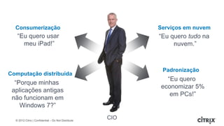 Consumerização                                           Serviços em nuvem
   “Eu quero usar                                          “Eu quero tudo na
     meu iPad!”                                                 nuvem.”



                                                            Padronização
Computação distribuída
                                                              “Eu quero
  “Porque minhas
                                                            economizar 5%
 aplicações antigas
                                                               em PCs!”
 não funcionam em
    Windows 7?”

  © 2012 Citrix | Confidential – Do Not Distribute
                                                     CIO
 
