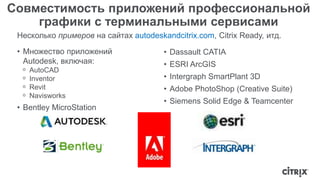 Совместимость приложений профессиональной 
графики с терминальными сервисами 
Несколько примеров на сайтах autodeskandcitrix.com, Citrix Ready, итд. 
• Множество приложений 
Autodesk, включая: 
ᵒ AutoCAD 
ᵒ Inventor 
ᵒ Revit 
ᵒ Navisworks 
• Bentley MicroStation 
• Dassault CATIA 
• ESRI ArcGIS 
• Intergraph SmartPlant 3D 
• Adobe PhotoShop (Creative Suite) 
• Siemens Solid Edge & Teamcenter 
 