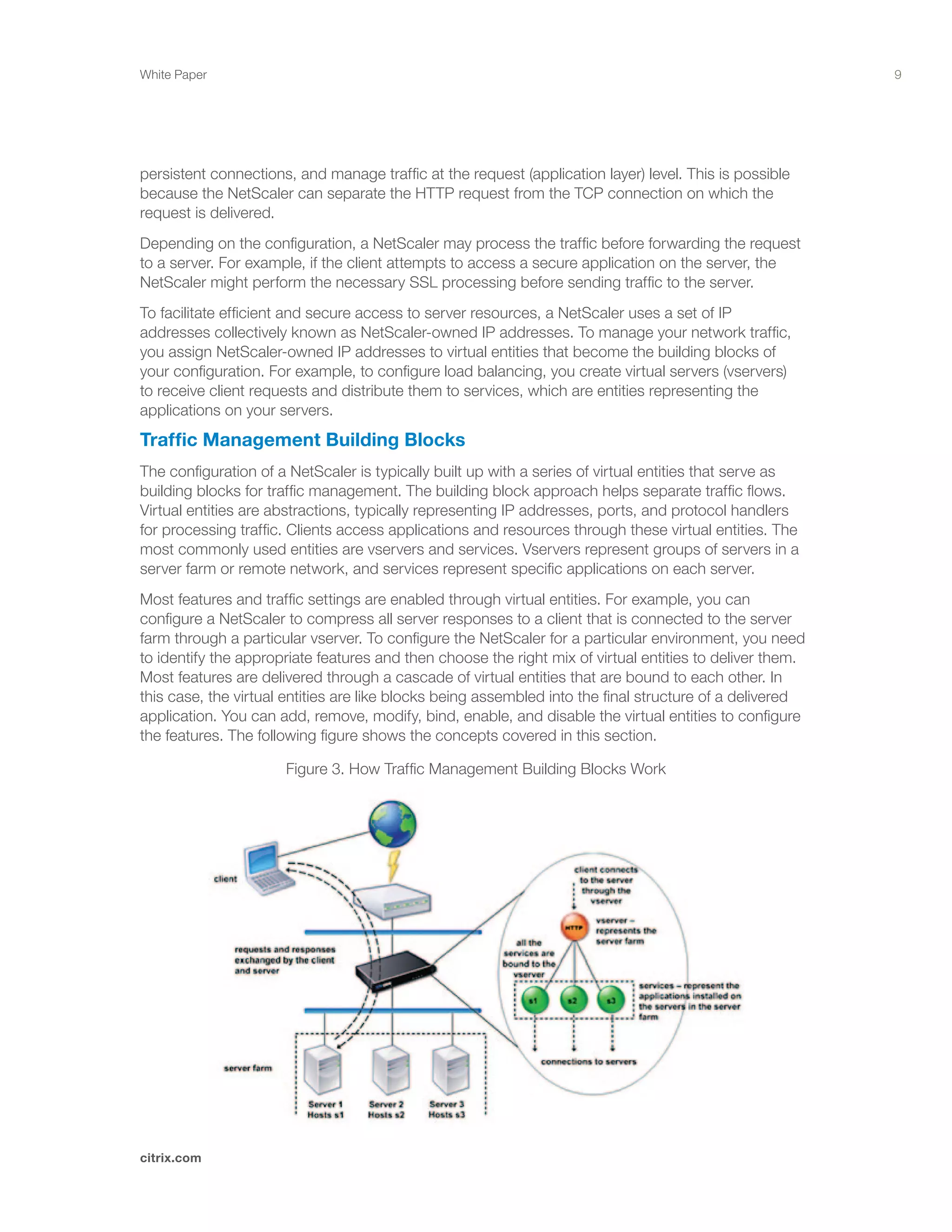 9
citrix.com
White Paper
persistent connections, and manage traffic at the request (application layer) level. This is possible
because the NetScaler can separate the HTTP request from the TCP connection on which the
request is delivered.
Depending on the configuration, a NetScaler may process the traffic before forwarding the request
to a server. For example, if the client attempts to access a secure application on the server, the
NetScaler might perform the necessary SSL processing before sending traffic to the server.
To facilitate efficient and secure access to server resources, a NetScaler uses a set of IP
addresses collectively known as NetScaler-owned IP addresses. To manage your network traffic,
you assign NetScaler-owned IP addresses to virtual entities that become the building blocks of
your configuration. For example, to configure load balancing, you create virtual servers (vservers)
to receive client requests and distribute them to services, which are entities representing the
applications on your servers.
Traffic Management Building Blocks
The configuration of a NetScaler is typically built up with a series of virtual entities that serve as
building blocks for traffic management. The building block approach helps separate traffic flows.
Virtual entities are abstractions, typically representing IP addresses, ports, and protocol handlers
for processing traffic. Clients access applications and resources through these virtual entities. The
most commonly used entities are vservers and services. Vservers represent groups of servers in a
server farm or remote network, and services represent specific applications on each server.
Most features and traffic settings are enabled through virtual entities. For example, you can
configure a NetScaler to compress all server responses to a client that is connected to the server
farm through a particular vserver. To configure the NetScaler for a particular environment, you need
to identify the appropriate features and then choose the right mix of virtual entities to deliver them.
Most features are delivered through a cascade of virtual entities that are bound to each other. In
this case, the virtual entities are like blocks being assembled into the final structure of a delivered
application. You can add, remove, modify, bind, enable, and disable the virtual entities to configure
the features. The following figure shows the concepts covered in this section.
Figure 3. How Traffic Management Building Blocks Work
 