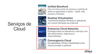 Crie um único ponto de acesso e controle de
todas as aplicações e dados – SaaS, web,
moveis e Windows


Transforme Desktop Windows e aplicativos
em nuvens Windows-as-a-Service



Entregue todos os aplicativos e serviços com
alta performance, segurança e
disponibilidade


Escalabilidade infinita e flexibilidade entre
clouds privadas e publicas
 
