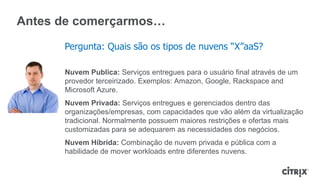 Antes de comerçarmos…
      Pergunta: Quais são os tipos de nuvens “X”aaS?

      Nuvem Publica: Serviços entregues para o usuário final através de um
      provedor terceirizado. Exemplos: Amazon, Google, Rackspace and
      Microsoft Azure.
      Nuvem Privada: Serviços entregues e gerenciados dentro das
      organizações/empresas, com capacidades que vão além da virtualização
      tradicional. Normalmente possuem maiores restrições e ofertas mais
      customizadas para se adequarem as necessidades dos negócios.
      Nuvem Híbrida: Combinação de nuvem privada e pública com a
      habilidade de mover workloads entre diferentes nuvens.
 