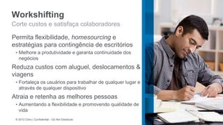 Workshifting
Corte custos e satisfaça colaboradores

Permita flexibilidade, homesourcing e
estratégias para contingência de escritórios
 • Melhore a produtividade e garanta continuidade dos
   negócios
Reduza custos com aluguel, deslocamentos &
viagens
 • Fortaleça os usuários para trabalhar de qualquer lugar e e
   através de qualquer dispositivo
Atraia e retenha as melhores pessoas
 • Aumentando a flexibilidade e promovendo qualidade de
   vida
 © 2012 Citrix | Confidential – Do Not Distribute
 