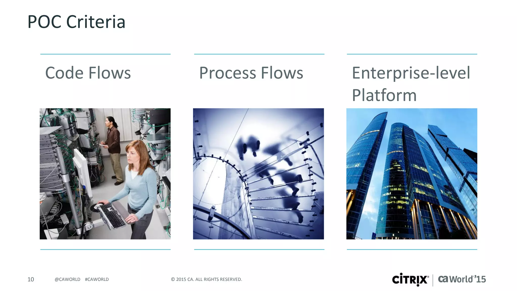 10 © 2015 CA. ALL RIGHTS RESERVED.@CAWORLD #CAWORLD
POC Criteria
Enterprise-level
Platform
Process FlowsCode Flows
 