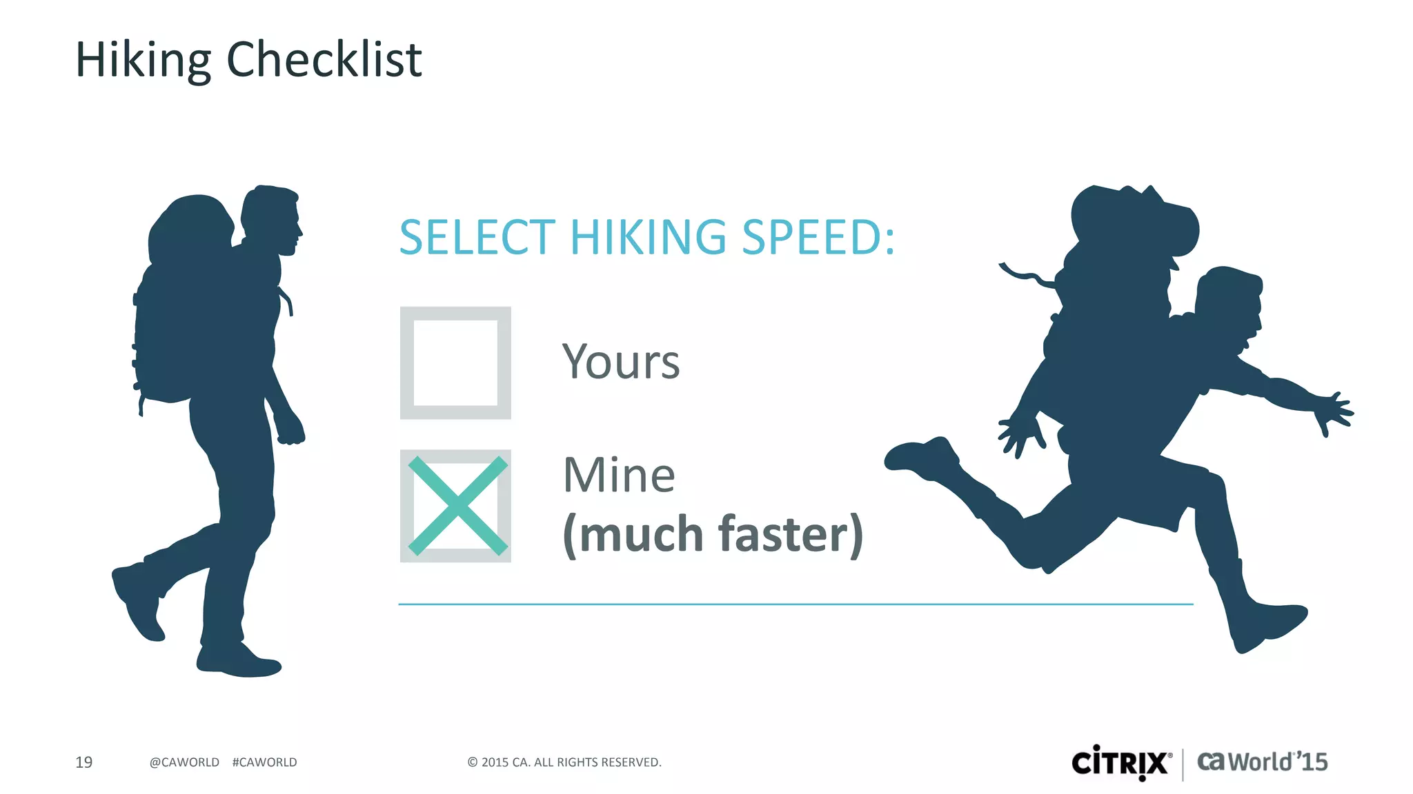19 © 2015 CA. ALL RIGHTS RESERVED.@CAWORLD #CAWORLD
Hiking Checklist
SELECT HIKING SPEED:
Yours
Mine
(much faster)
 