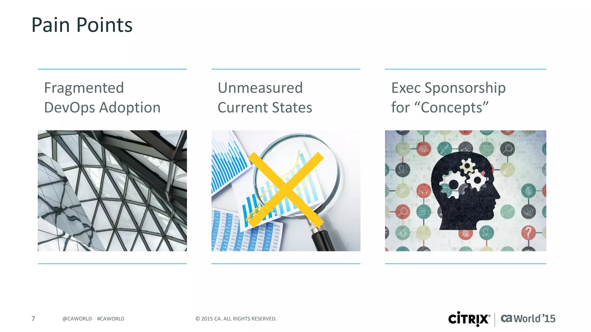 7 © 2015 CA. ALL RIGHTS RESERVED.@CAWORLD #CAWORLD
Pain Points
Fragmented
DevOps Adoption
Unmeasured
Current States
Exec Sponsorship
for “Concepts”
 