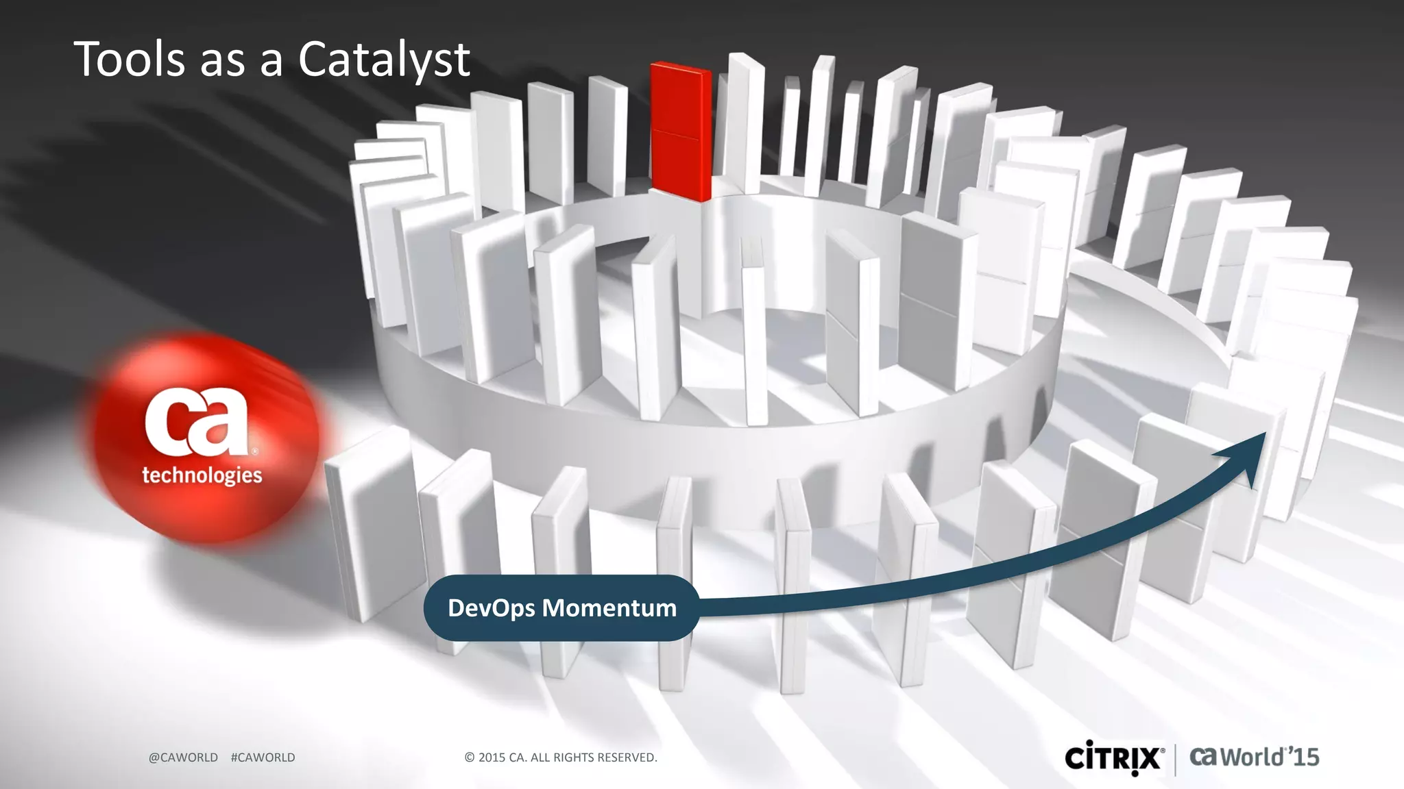 9 © 2015 CA. ALL RIGHTS RESERVED.@CAWORLD #CAWORLD
Tools as a Catalyst
© 2015 CA. ALL RIGHTS RESERVED.@CAWORLD #CAWORLD
DevOps Momentum
 