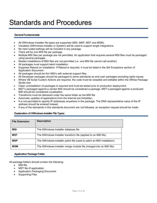 Standards and Procedures
General Fundamentals


















All ©Windows Installer file types are supported (MSI, MSP, MST and MSM).
Variables (©Windows Installer or System) will be used to support single integrations.
No hard coded settings will be included in any package.
There will be one MSI file per package.
Multiple MSI files per package are not permitted. An application that requires several MSI files must be packaged
using several packages.
Nested installations of MSI files are not permitted (i.e. one MSI file cannot call another).
All packages must support silent installation
Suppress Reboot on Installation. If Reboot is required, it must be listed in the QA Exceptions section of
Application Document.
All packages should be thin MSI’s with external support files.
All Developer packages should be packaged to same standards as end-user packages excluding rights issues.
Where VB Script Custom Actions are required, the code must be viewable and editable within the ©Wise Package
Studio tool.
Clean uninstallation of packages is required and must be tested prior to production deployment.
MST’s packaged against a vendor MSI should be considered a package, MST’s packaged against a produced
MSI should be considered Localisation.
Transforms must be delivered under the same folder as the MSI file.
Automatic updates of applications from the Internet are forbidden.
It is not permitted to specify IP addresses anywhere in the package. The DNS representative value of the IP
address should be entered instead.
If any of the standards in this standards document are not followed, an exception request should be made.

Explanation of ©Windows Installer File Types:
File Extension

Description

MSI

The ©Windows Installer database file

MST

The ©Windows Installer transform file (applied to an MSI file)

MSP

The ©Windows Installer patch file (used to patch an MSI installation)

MSM

The ©Windows Installer merge module file (merged into an MSI file)

Application Package Folder
All package folders should contain the following:
 MSI file
 MST file (if applicable)
 Application Packaging Document
 Supporting Files

Page 14 of 38

 