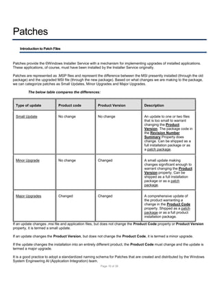 Patches
Introduction to Patch Files

Patches provide the ©Windows Installer Service with a mechanism for implementing upgrades of installed applications.
These applications, of course, must have been installed by the Installer Service originally.
Patches are represented as .MSP files and represent the difference between the MSI presently installed (through the old
package) and the upgraded MSI file (through the new package). Based on what changes we are making to the package,
we can categorize patches as Small Updates, Minor Upgrades and Major Upgrades.
The below table compares the differences:

Type of update

Product code

Product Version

Description

Small Update

No change

No change

An update to one or two files
that is too small to warrant
changing the Product
Version. The package code in
the Revision Number
Summary Property does
change. Can be shipped as a
full installation package or as
a patch package.

Minor Upgrade

No change

Changed

A small update making
changes significant enough to
warrant changing the Product
Version property. Can be
shipped as a full installation
package or as a patch
package.

Major Upgrades

Changed

Changed

A comprehensive update of
the product warranting a
change in the Product Code
property. Shipped as a patch
package or as a full product
installation package.

If an update changes .msi file and application files, but does not change the Product Code property or Product Version
property, it is termed a small update.
If an update changes the Product Version, but does not change the Product Code, it is termed a minor upgrade.
If the update changes the installation into an entirely different product, the Product Code must change and the update is
termed a major upgrade.
It is a good practice to adopt a standardized naming schema for Patches that are created and distributed by the Windows
System Engineering AI (Application Integration) team.
Page 16 of 38

 