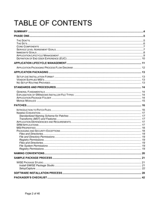 TABLE OF CONTENTS
SUMMARY .................................................................................................................................................................4
PHASE ONE ...............................................................................................................................................................5
THE DON’TS ..............................................................................................................................................................5
THE DO’S ..................................................................................................................................................................6
CORE COMPONENTS .................................................................................................................................................7
SERVICE LEVEL AGREEMENT GOALS ..........................................................................................................................7
IMMEDIATE GOALS .....................................................................................................................................................8
APPLICATION LIFECYCLE MANAGEMENT......................................................................................................................9
DEFINITION OF END USER EXPERIENCE (EUC) ........................................................................................................ 10
APPLICATION LIFECYCLE MANAGEMENT ........................................................................................................ 11
APPLICATION PACKAGING PROCESS FLOW DIAGRAM ............................................................................................... 12
APPLICATION PACKAGING ................................................................................................................................. 13
SETUP.EXE INSTALLATION FORMAT ......................................................................................................................... 13
VENDOR SUPPLIED MSI’S ....................................................................................................................................... 13
NO SETUP ROUTINE PROVIDED ............................................................................................................................... 13
STANDARDS AND PROCEDURES ....................................................................................................................... 14
GENERAL FUNDAMENTALS ...................................................................................................................................... 14
EXPLANATION OF ©W INDOWS INSTALLER FILE TYPES: ............................................................................................. 14
APPLICATION PACKAGE FOLDER ............................................................................................................................. 14
MERGE MODULES .................................................................................................................................................. 15
PATCHES ................................................................................................................................................................ 16
INTRODUCTION TO PATCH FILES .............................................................................................................................. 16
NAMING CONVENTION............................................................................................................................................. 17
Standardized Naming Schema for Patches ..................................................................................................... 17
Transforms (MST) and Features ...................................................................................................................... 17
APPLICATION DEPENDENCIES AND REQUIREMENTS .................................................................................................. 17
SRM APPLICATIONS ............................................................................................................................................... 17
MSI PROPERTIES ................................................................................................................................................... 18
PACKAGING AND SECURITY EXCEPTIONS ................................................................................................................. 18
Files and Directories ......................................................................................................................................... 18
File and Directory Permissions ......................................................................................................................... 19
Registry Permissions ........................................................................................................................................ 19
Files and Directories ......................................................................................................................................... 19
File System Permissions .................................................................................................................................. 19
Registry Permissions ........................................................................................................................................ 19
NAMING CONVENTIONS ....................................................................................................................................... 20
SAMPLE PACKAGE PROCESS ............................................................................................................................ 21
WISE PACKAGE STUDIO......................................................................................................................................... 21
Install ©WISE Package Studio ......................................................................................................................... 21
SetupCapture ................................................................................................................................................... 22
SOFTWARE INSTALLATION PROCESS .............................................................................................................. 28
PACKAGER’S CHECKLIST ................................................................................................................................... 42

Page 2 of 46

 