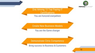 One Among 15 Top Paying IT
Certifications
You are honored everywhere
Demonstrate Citrix Competency
Bring success to Business & Customers
Create New Business Models
You are the Game changer
12
 