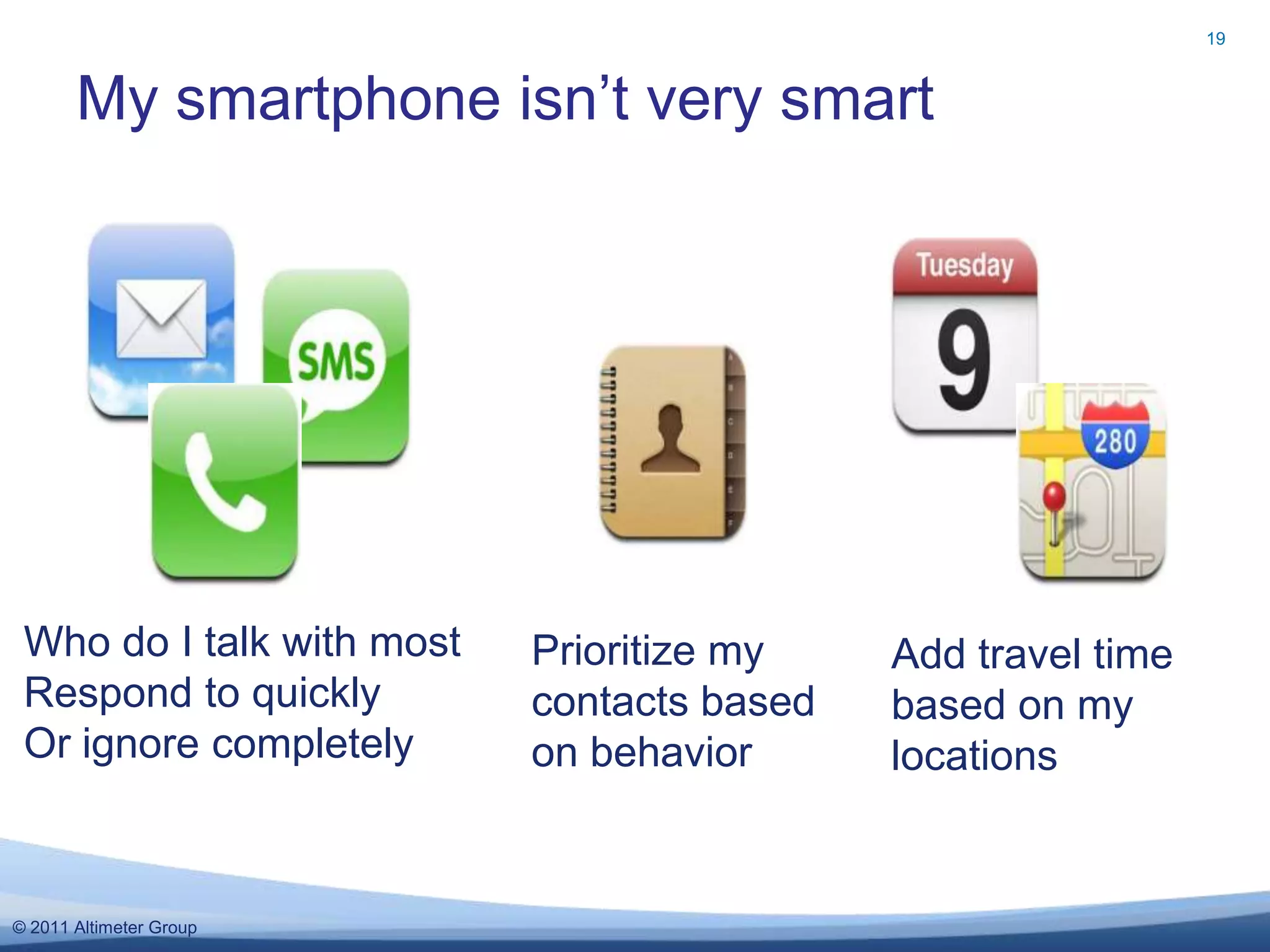 19



       My smartphone isn’t very smart




 Who do I talk with most   Prioritize my    Add travel time
 Respond to quickly        contacts based   based on my
 Or ignore completely      on behavior      locations


© 2011 Altimeter Group
 