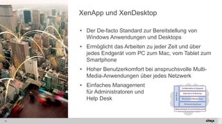 11 
XenAppund XenDesktop 
•Der De-facto Standard zur Bereitstellung von Windows Anwendungen und Desktops 
•Ermöglicht das Arbeiten zu jeder Zeit und über jedes Endgerät vom PC zum Mac, vom Tablet zum Smartphone 
•Hoher Benutzerkomfort bei anspruchsvolle Multi- Media-Anwendungen über jedes Netzwerk 
•Einfaches Managementfür Administratoren undHelp Desk  