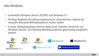 21 
Alle Windows 
•Unterstützt Windows Server 2012R2 und Windows 8.1 
•Richtige Desktop-Virtualisierungslösungfür Unternehmen, welche die neuesten Microsoft-Betriebssysteme nutzen wollen 
•In einer Übergangsphase können dabei auch mehrere Versionen von Windows Server-und Desktop-Betriebssystemen gleichzeitig ausgeführt werden  