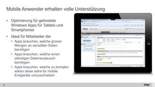 23 
Mobile Anwender erhalten volle Unterstützung 
•Optimierung für gehostete Windows Apps für Tablets und Smartphones 
•Ideal für Mitarbeiter die 
•Apps brauchen, welche grosse Mengen an sensiblen Daten benötigen 
•Apps brauchen, welche einen ständigen Datenaustausch benötigen 
•Apps brauchen, welche zu komplex wären diese extra für mobile Endgeräte umzuschreiben  