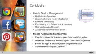 25 
XenMobile 
•Mobile Device Management 
•Richlinienkonfiguration 
•Skalierbarkeit und Hochverfügbarkeit 
•Einfache Verwaltung 
•Provisioningund Self-service Anmeldung 
•Überwachung und Support 
•Ausserbetriebnahmevon Geräten 
•Mobile Application Management 
•ZugriffsrichtlinienfürAnwendungen, Datenund Endgeräte 
•selektiveslöschenvon Anwendungen, Datenund Endgeräten 
•Follow me apps & data auf jedemEndgerätmitSSO 
•Sichererremote Zugriff“Clientles”  
