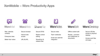 27 
XenMobile–Worx Productivity Apps 
oSecure browser 
oInternal web access 
oURL BL/WL 
oMail, calendar, contacts 
oEnterprise class 
oBetter than native 
oSecure VDI like access to physical desktop 
oAccess work files and apps 
oOffline content edit 
oReview , comment and collaborate on documents 
oSecure notes 
oTeam notebooks 
oEmail and calendar integration 
oSecure EFSS 
oMobile content editing 
oSharePoint & network files  