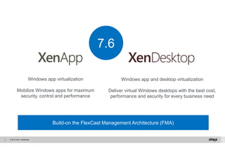© 2014 Citrix. 3 Confidential. 
Windows app and desktop virtualization 
7.6 
Deliver virtual Windows desktops with the best cost, 
performance and security for every business need 
Windows app virtualization 
Mobilize Windows apps for maximum 
security, control and performance 
Build-on the FlexCast Management Architecture (FMA) 
 