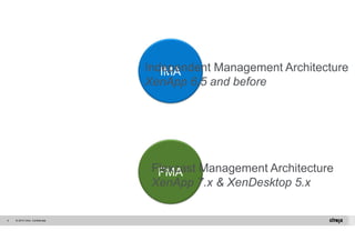 © 2014 Citrix. 4 Confidential. 
Independent IMA 
Management Architecture 
XenApp 6.5 and before 
Flexcast FMA 
Management Architecture 
XenApp 7.x & XenDesktop 5.x 
 