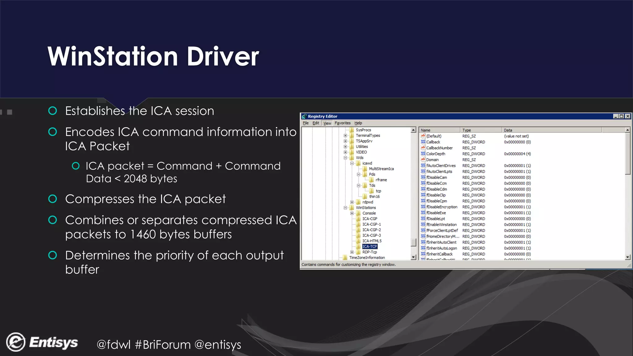 @fdwl #BriForum @entisys
WinStation Driver
 Establishes the ICA session
 Encodes ICA command information into
ICA Packet
 ICA packet = Command + Command
Data < 2048 bytes
 Compresses the ICA packet
 Combines or separates compressed ICA
packets to 1460 bytes buffers
 Determines the priority of each output
buffer
 