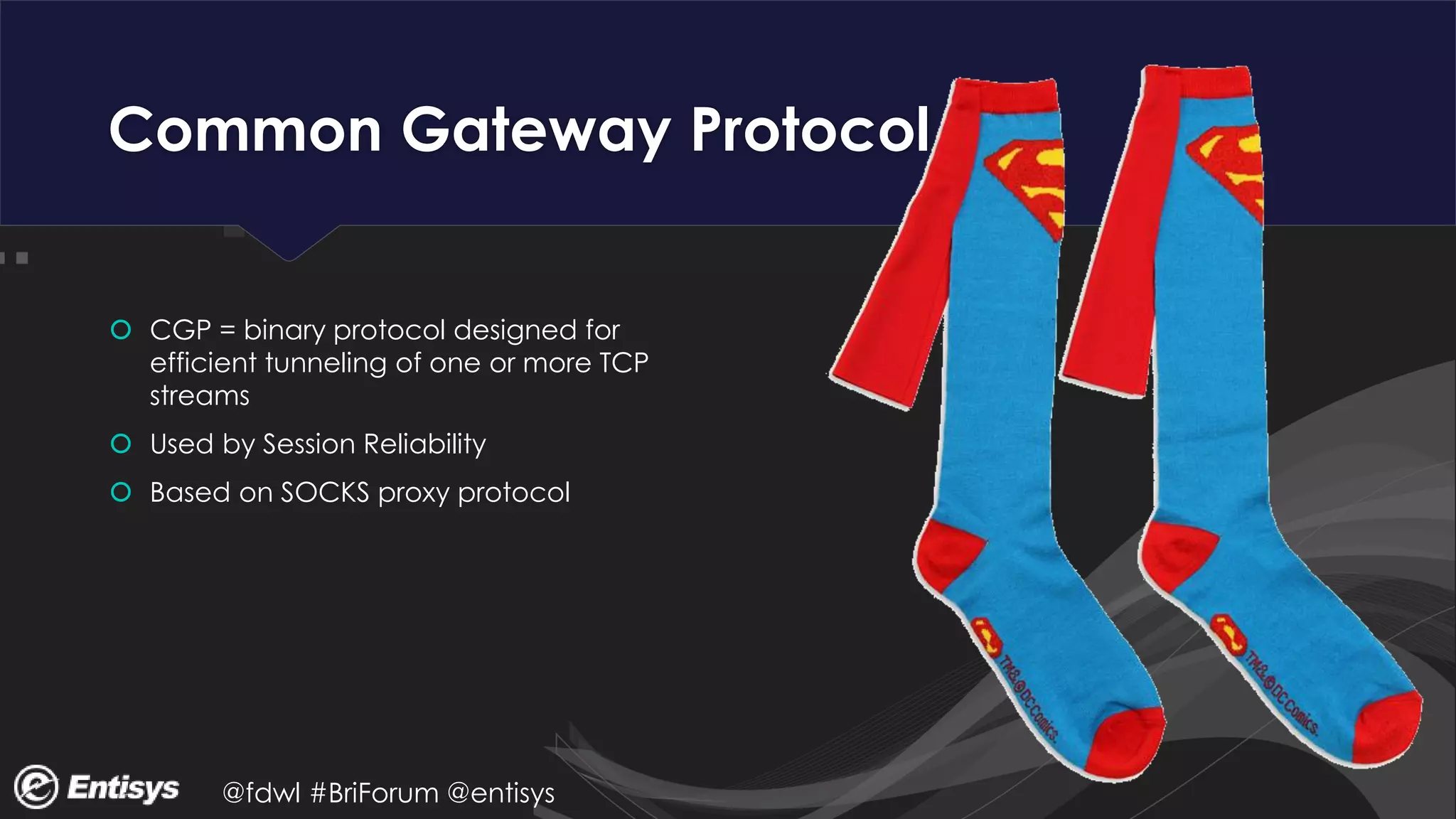 @fdwl #BriForum @entisys
Common Gateway Protocol
 CGP = binary protocol designed for
efficient tunneling of one or more TCP
streams
 Used by Session Reliability
 Based on SOCKS proxy protocol
 
