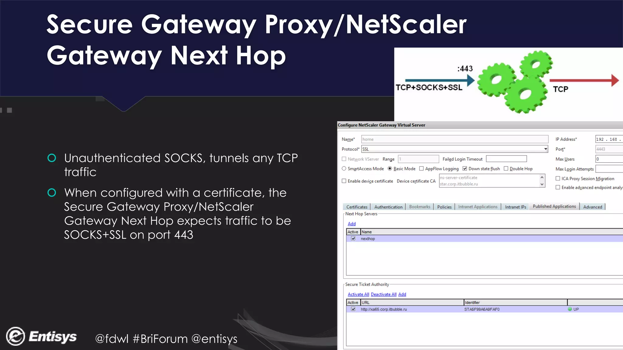 @fdwl #BriForum @entisys
Secure Gateway Proxy/NetScaler
Gateway Next Hop
 Unauthenticated SOCKS, tunnels any TCP
traffic
 When configured with a certificate, the
Secure Gateway Proxy/NetScaler
Gateway Next Hop expects traffic to be
SOCKS+SSL on port 443
 