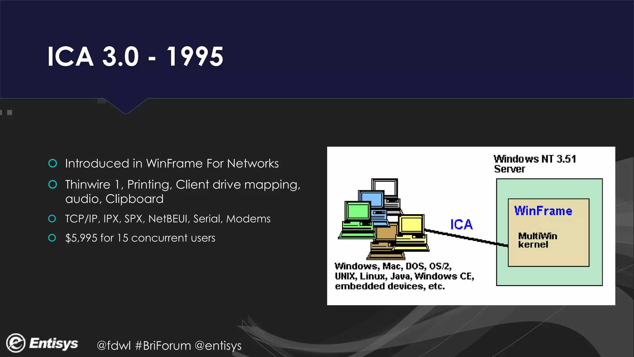 @fdwl #BriForum @entisys
ICA 3.0 - 1995
 Introduced in WinFrame For Networks
 Thinwire 1, Printing, Client drive mapping,
audio, Clipboard
 TCP/IP, IPX, SPX, NetBEUI, Serial, Modems
 $5,995 for 15 concurrent users
 