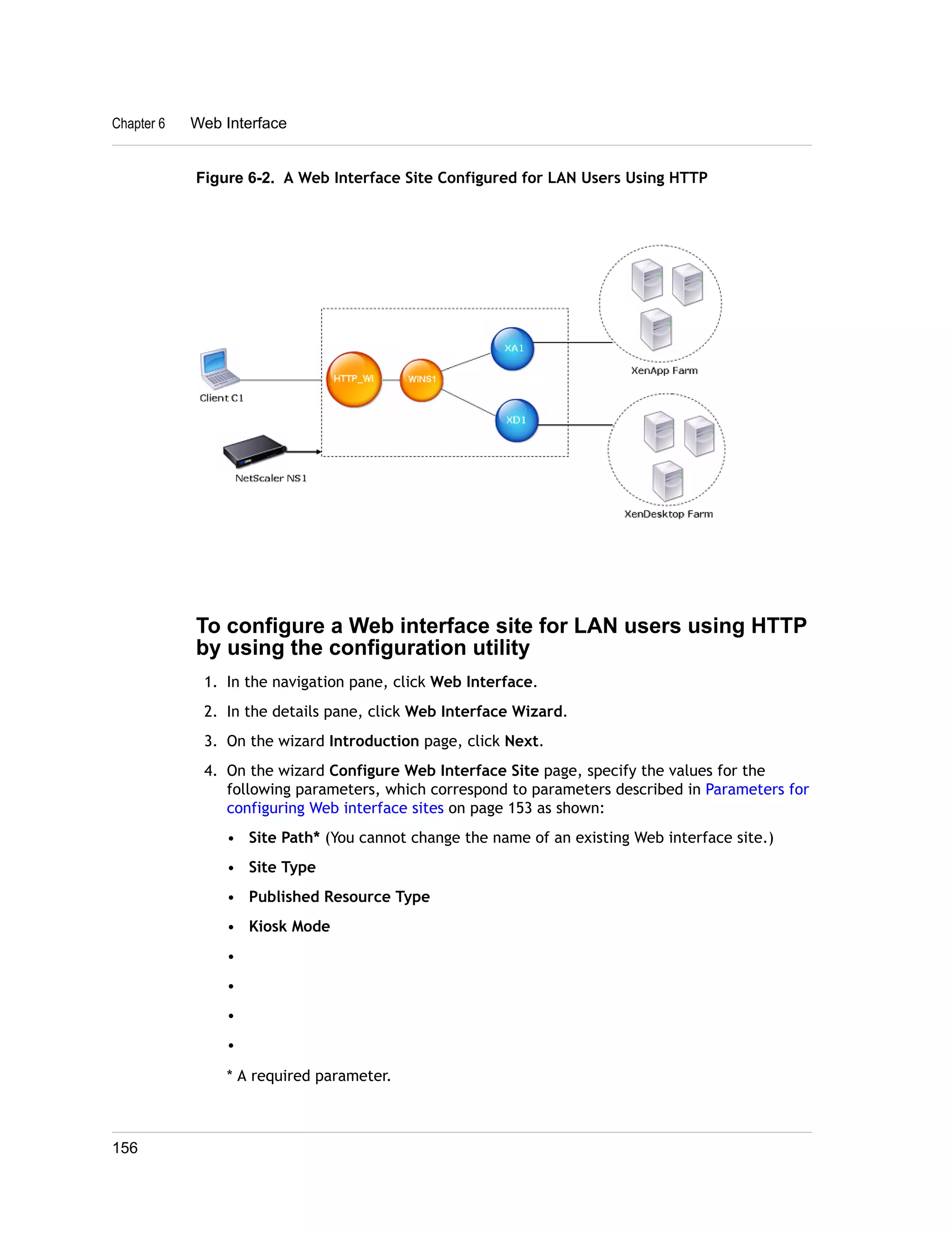 Chapter 6 Web Interface 
Figure 6-2. A Web Interface Site Configured for LAN Users Using HTTP 
To configure a Web interface site for LAN users using HTTP 
by using the configuration utility 
1. In the navigation pane, click Web Interface. 
2. In the details pane, click Web Interface Wizard. 
3. On the wizard Introduction page, click Next. 
4. On the wizard Configure Web Interface Site page, specify the values for the 
following parameters, which correspond to parameters described in Parameters for 
configuring Web interface sites on page 153 as shown: 
• Site Path* (You cannot change the name of an existing Web interface site.) 
• Site Type 
• Published Resource Type 
• Kiosk Mode 
• 
• 
• 
• 
* A required parameter. 
156 
 